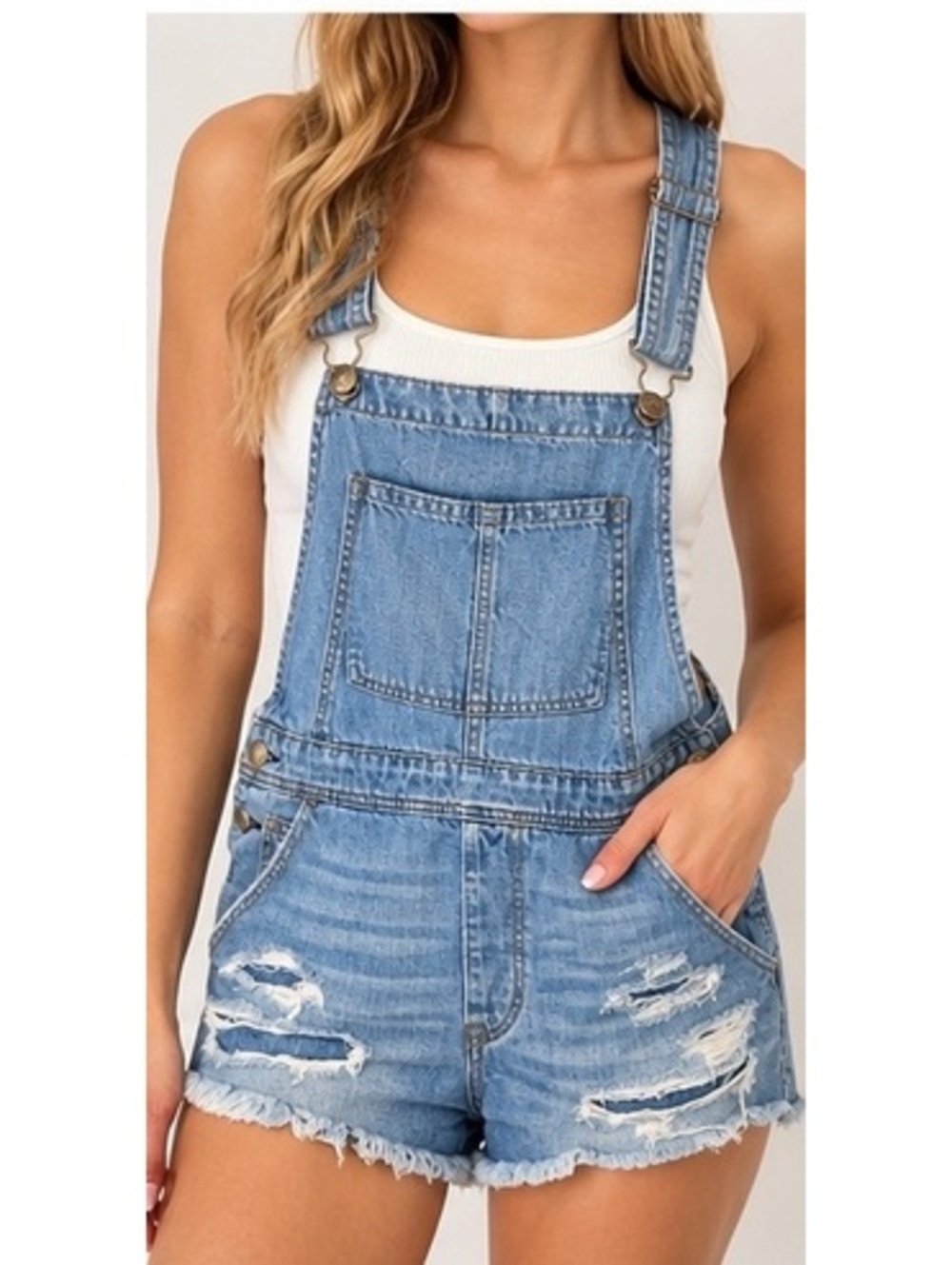 American Eagle Distressed Denim Short Overalls Light Wash S